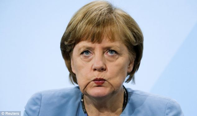 Angela Merkel is not amused. Image Credit: Reuters and Daily Mail UK